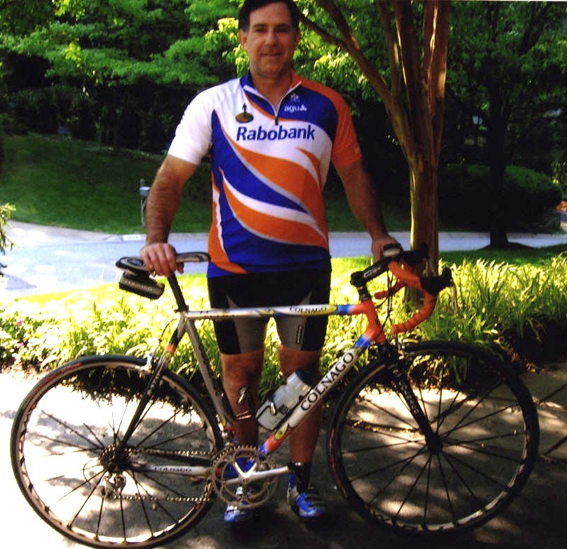 This is me many years later, belying the notion that cyclists are svelte. No, I didn't eat the original 10 speed. Less hair, lighter bike. Top speed still about 8 mph.